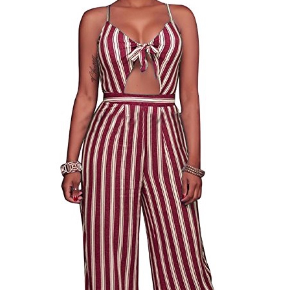 ❇️3/$30❇️ NWOT Red & White Stripe High Waist Wide Leg Jumpsuit Romper. - Picture 1 of 5